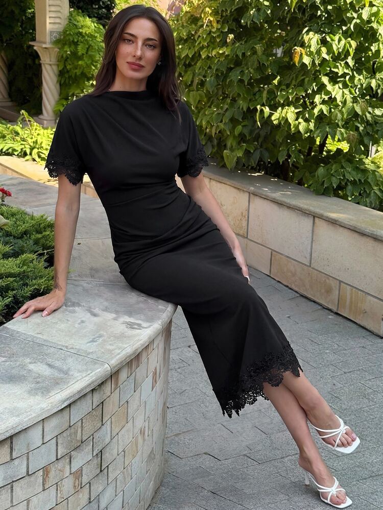 Aloruh Women's Early Summer New Solid Dark Brown Long Dress, Elegant Sexy Slit Outwear Midi Casual Dinner Party - Black - View 4