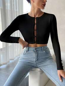 RosyDaze Solid Button Front Crop Cardigan,Long Sleeve Tops Fall Winter Cloth For Women - Black - View 6