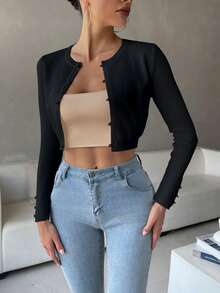 RosyDaze Solid Button Front Crop Cardigan,Long Sleeve Tops Fall Winter Cloth For Women - Black - View 4