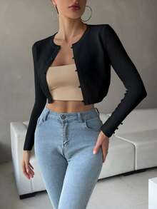RosyDaze Solid Button Front Crop Cardigan,Long Sleeve Tops Fall Winter Cloth For Women - Black - View 3