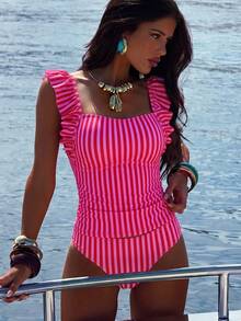 SHEIN Swim Spring/Summer Best-Selling Beach Vacation Casual Striped Print Ruffle Cuff Adjustable Strap Ruched Waist Top + Striped Print Triangle Bikini Bottom 2 Pieces Tank Bikini Set - Multicolor - View 3