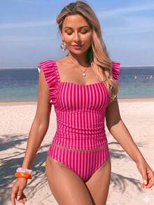 SHEIN Swim Spring/Summer Best-Selling Beach Vacation Casual Striped Print Ruffle Cuff Adjustable Strap Ruched Waist Top + Striped Print Triangle Bikini Bottom 2 Pieces Tank Bikini Set - Multicolor - View 5