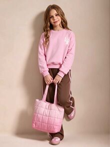 SHEIN 青少年女孩 2 件套針織套頭衛衣，圓領、寬鬆落肩與長羅紋袖口，搭配棕色粉色側條紋長褲，寬鬆舒適運動褲，休閒運動學院風穿搭，適合秋冬返校、聖誕節與日常穿著，理想用於外出、室內、運動與健身 - 粉色 - 查看 1