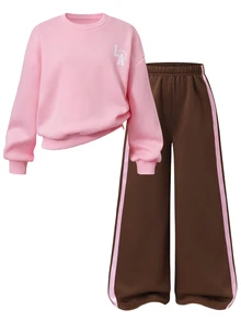 SHEIN 青少年女孩 2 件套針織套頭衛衣，圓領、寬鬆落肩與長羅紋袖口，搭配棕色粉色側條紋長褲，寬鬆舒適運動褲，休閒運動學院風穿搭，適合秋冬返校、聖誕節與日常穿著，理想用於外出、室內、運動與健身 - 粉色 - 查看 4