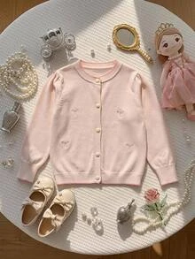 SHEIN Girls' Cute Peter Pan Collar Knitted Cardigan Sweater Long Sleeve Jacket Autumn Winter - Apricot - View 10