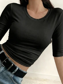 DAZY Women's Casual Simple All-Match Minimalist Modest Versatile Solid Color Slim Fit T-Shirt Office Everyday Plain Black Autumn - Black - View 2