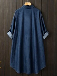 Linhara Spring/Autumn Anti-Denim Fabric Long Casual Shirt, Can Be Worn As Outerwear Or Single Piece, Plus Size Fall - Navy Blue - View 2