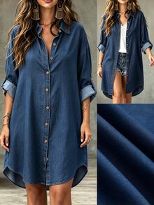 Linhara Spring/Autumn Anti-Denim Fabric Long Casual Shirt, Can Be Worn As Outerwear Or Single Piece, Plus Size Fall - Navy Blue - View 5