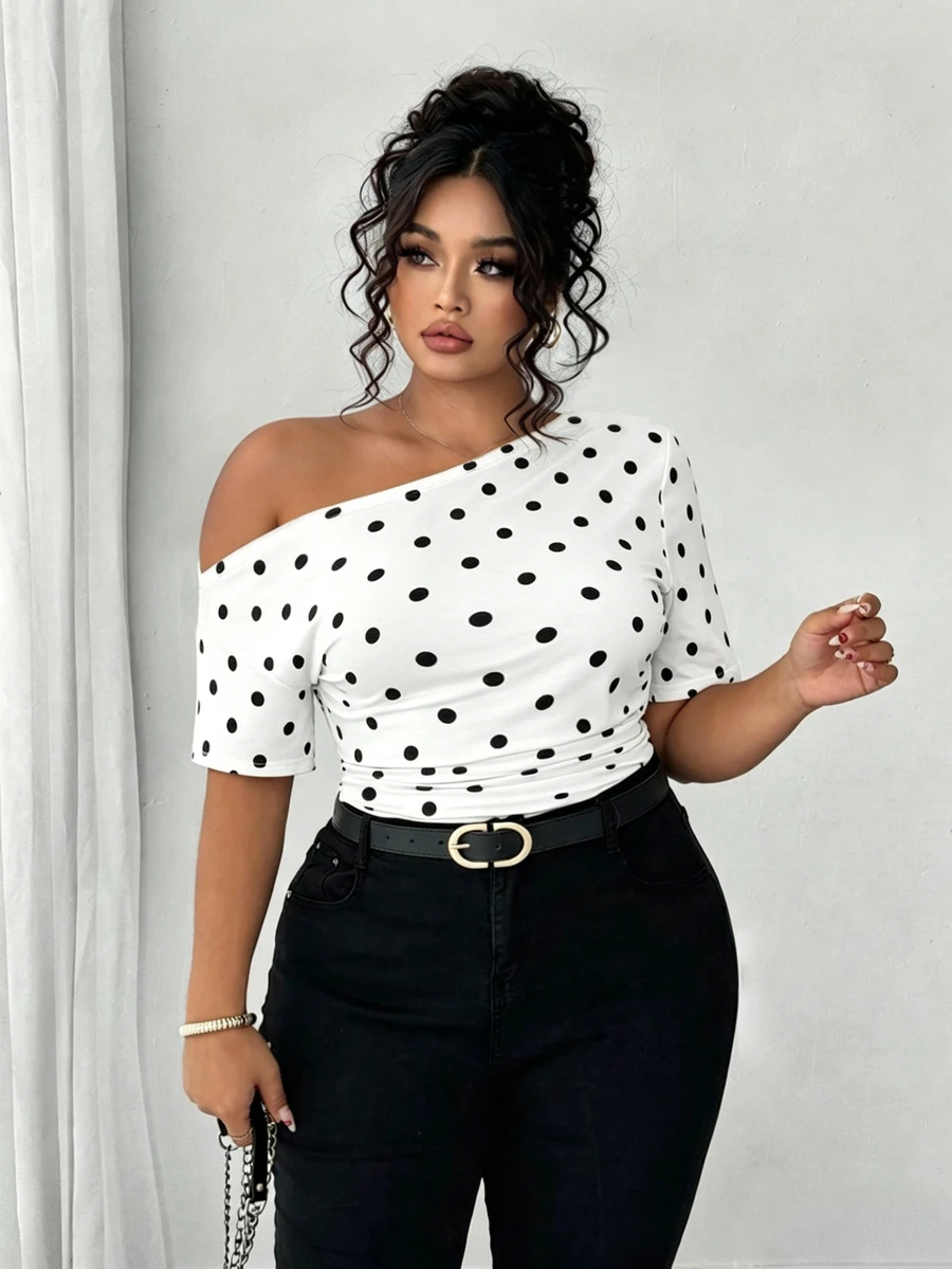 Elenzga Plus Size Women Elegant Versatile Personalized Fashion Casual Polka Dot Commute Cold Shoulder Top - Multicolor - View 1