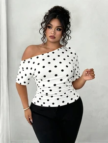 Elenzga Plus Size Women Elegant Versatile Personalized Fashion Casual Polka Dot Commute Cold Shoulder Top - Multicolor - View 3
