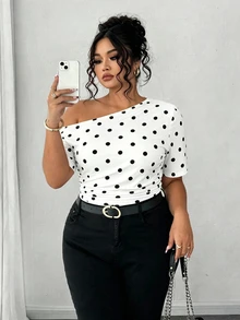 Elenzga Plus Size Women Elegant Versatile Personalized Fashion Casual Polka Dot Commute Cold Shoulder Top - Multicolor - View 4