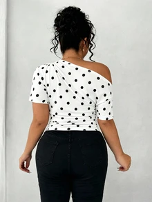Elenzga Plus Size Women Elegant Versatile Personalized Fashion Casual Polka Dot Commute Cold Shoulder Top - Multicolor - View 2