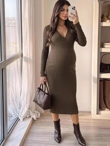 SHEIN Maternity Solid Color Overlap V-Neck Long Sleeve Fitted Elegant Dress - Brown - View 2
