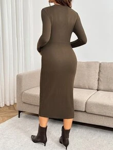 SHEIN Maternity Solid Color Overlap V-Neck Long Sleeve Fitted Elegant Dress - Brown - View 9