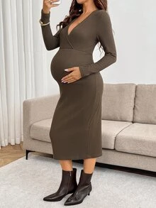 SHEIN Maternity Solid Color Overlap V-Neck Long Sleeve Fitted Elegant Dress - Brown - View 4