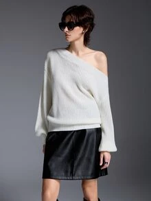 TaskSense Asymmetric Neck Chunky Knit Sweater Women Loose Slouchy Long Sleeve Autumn/Winter Top - Apricot - View 4