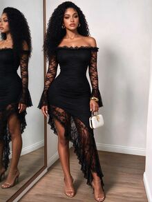 BamGleam Women Autumn Sexy Elegant Birthday Party Lace Dress, Off Shoulder Flare Sleeve Asymmetrical Ruffle Hem Midi Dress - Black - View 3