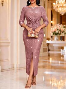 SHEIN Lady Women Elegant Sexy Pink Sparkly Sequin Bodycon Dress Slit Fall Winter Christmas New Year Party Wedding Going Out Birthday Club Night Out - Dusty Pink - View 4