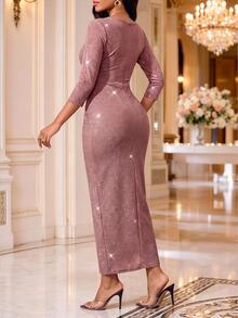 SHEIN Lady Women Elegant Sexy Pink Sparkly Sequin Bodycon Dress Slit Fall Winter Christmas New Year Party Wedding Going Out Birthday Club Night Out - Dusty Pink - View 2