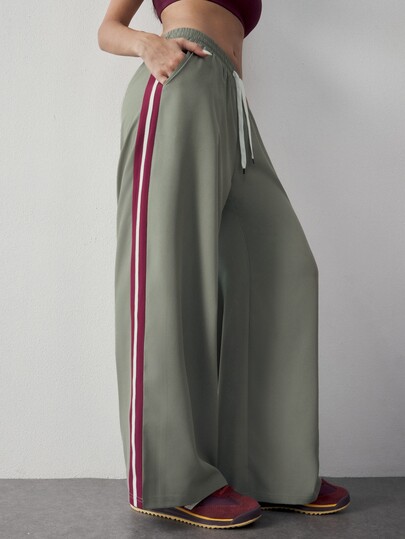 Dewbera Dewbera Women's Drawstring Waist Side Stripe Yoga Lifestyle Loose Wide Leg Sweatpants