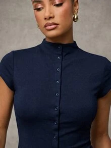 SHEIN BAE 97%棉女款海軍藍純色高領短袖單排扣休閒針織襯衫，鈕扣式上衣，適合春秋穿著 - 藏蓝色 - 查看 5