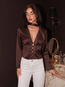 SHEIN LUNE بلوزة نسائية أنيقة بلون موحد مع دانتيل متباين، أكمام طويلة، صدر واحد، ملابس شتوية للنساء، بلوزات نسائية أنيقة - قهوة بني - مشاهدة 3
