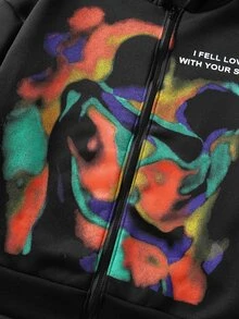 ROMWE MEN Men's Blurred Portrait Print Loose Fit Zip-Up Hoodie - Black - View 2