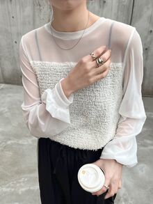 FRIFUL 女款純色圓領長袖網紗拼接優雅上衣 - 白色 - 查看 6