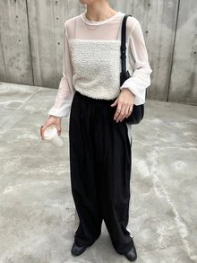 FRIFUL 女款純色圓領長袖網紗拼接優雅上衣 - 白色 - 查看 5