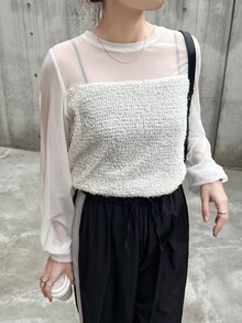 FRIFUL 女款純色圓領長袖網紗拼接優雅上衣 - 白色 - 查看 7