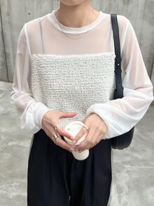 FRIFUL 女款純色圓領長袖網紗拼接優雅上衣 - 白色 - 查看 2