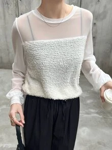 FRIFUL 女款純色圓領長袖網紗拼接優雅上衣 - 白色 - 查看 4