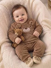 SHEIN Newborn Baby Cute Casual Fluffy Brown Cartoon Pattern Embroidered Winter Top And Elastic Waist Long Pants 2-Piece Set - Brown - View 1