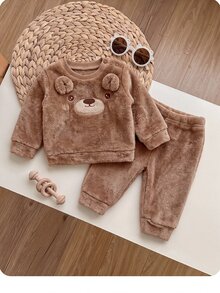 SHEIN Newborn Baby Cute Casual Fluffy Brown Cartoon Pattern Embroidered Winter Top And Elastic Waist Long Pants 2-Piece Set - Brown - View 4