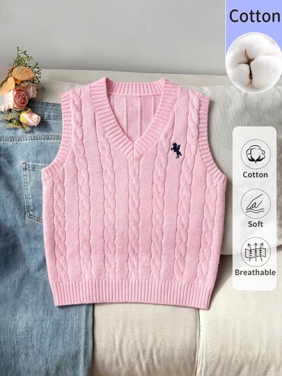 SHEIN (فتيات المراهقة) كنزة صوفية صوفية وردية من القطن الخالص بياقة على شكل حرف V محبوكة بالكابلات ومطرزة، ناعمة ومريحة، مناسبة للارتداء اليومي والخروجات والسفر والعطلات والحضانة واللعب