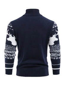 Manfinity Homme Men's Autumn/Winter Christmas Element Long Sleeve Turtleneck Knit Sweater Half-Open Chest Quarter Zip Pullover - Blue - View 5