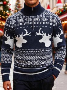 Manfinity Homme Men's Autumn/Winter Christmas Element Long Sleeve Turtleneck Knit Sweater Half-Open Chest Quarter Zip Pullover - Blue - View 1