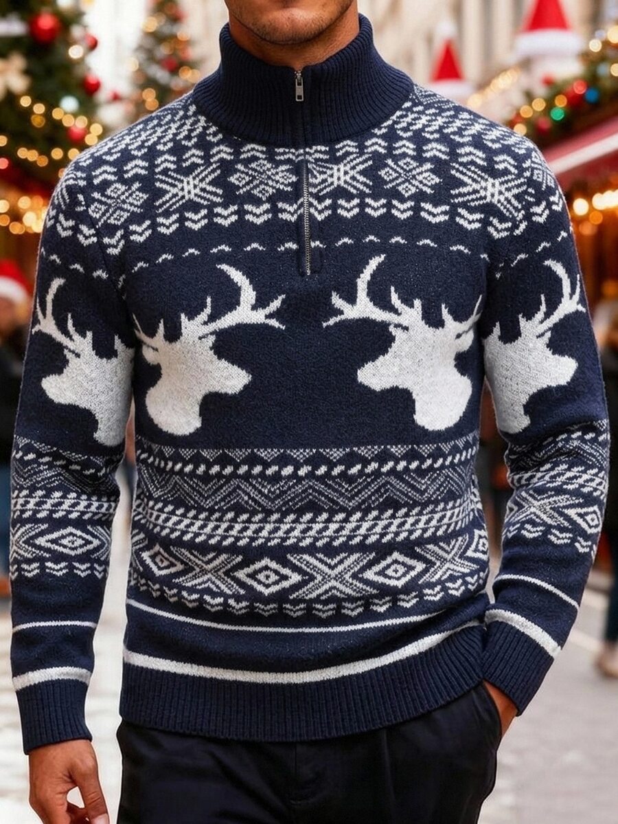 Manfinity Homme Men's Autumn/Winter Christmas Element Long Sleeve Turtleneck Knit Sweater Half-Open Chest Quarter Zip Pullover - Blue - View 1