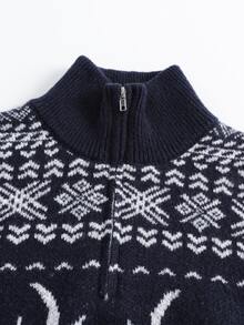 Manfinity Homme Men's Autumn/Winter Christmas Element Long Sleeve Turtleneck Knit Sweater Half-Open Chest Quarter Zip Pullover - Blue - View 11