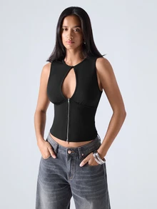 LYSMO Women's Summer Black Cutout Front Tank Top Night Out Club Sexy - Black - View 4