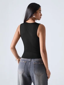 LYSMO Women's Summer Black Cutout Front Tank Top Night Out Club Sexy - Black - View 2