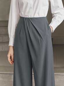 Anewsta Elegant Urban Loose Slimming Wide Leg Ruched Design Office Commute Home Casual Women's Long Pants - Grey - View 3
