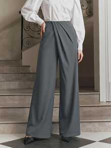 Anewsta Elegant Urban Loose Slimming Wide Leg Ruched Design Office Commute Home Casual Women's Long Pants - Grey - View 1