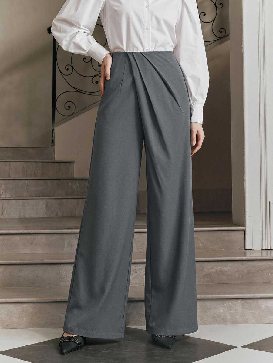 Anewsta Elegant Urban Loose Slimming Wide Leg Ruched Design Office Commute Home Casual Women's Long Pants - Grey - View 1