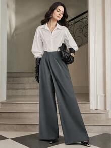 Anewsta Elegant Urban Loose Slimming Wide Leg Ruched Design Office Commute Home Casual Women's Long Pants - Grey - View 4