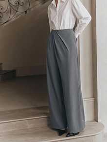 Anewsta Elegant Urban Loose Slimming Wide Leg Ruched Design Office Commute Home Casual Women's Long Pants - Grey - View 6