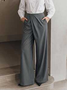 Anewsta Elegant Urban Loose Slimming Wide Leg Ruched Design Office Commute Home Casual Women's Long Pants - Grey - View 5