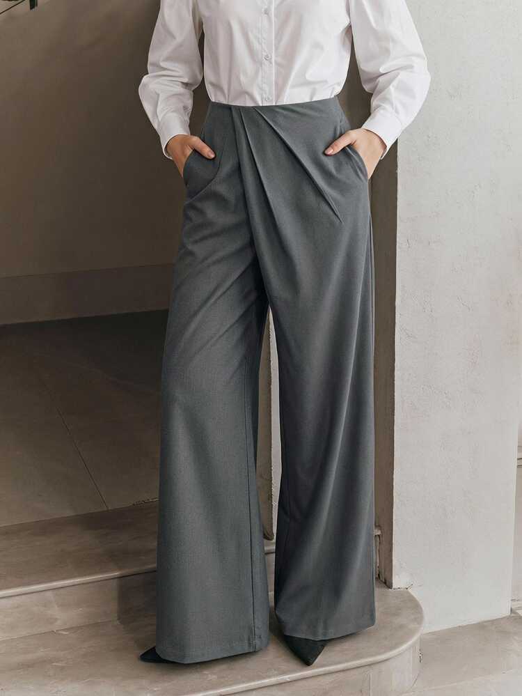 Anewsta Elegant Urban Loose Slimming Wide Leg Ruched Design Office Commute Home Casual Women's Long Pants - Grey - View 5