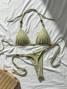 Bonvoyette 女士纯色挂脖金属配饰性感比基尼套装，春夏款 - 黃色 - 查看 2