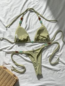 Bonvoyette 女士纯色挂脖金属配饰性感比基尼套装，春夏款 - 黃色 - 查看 4
